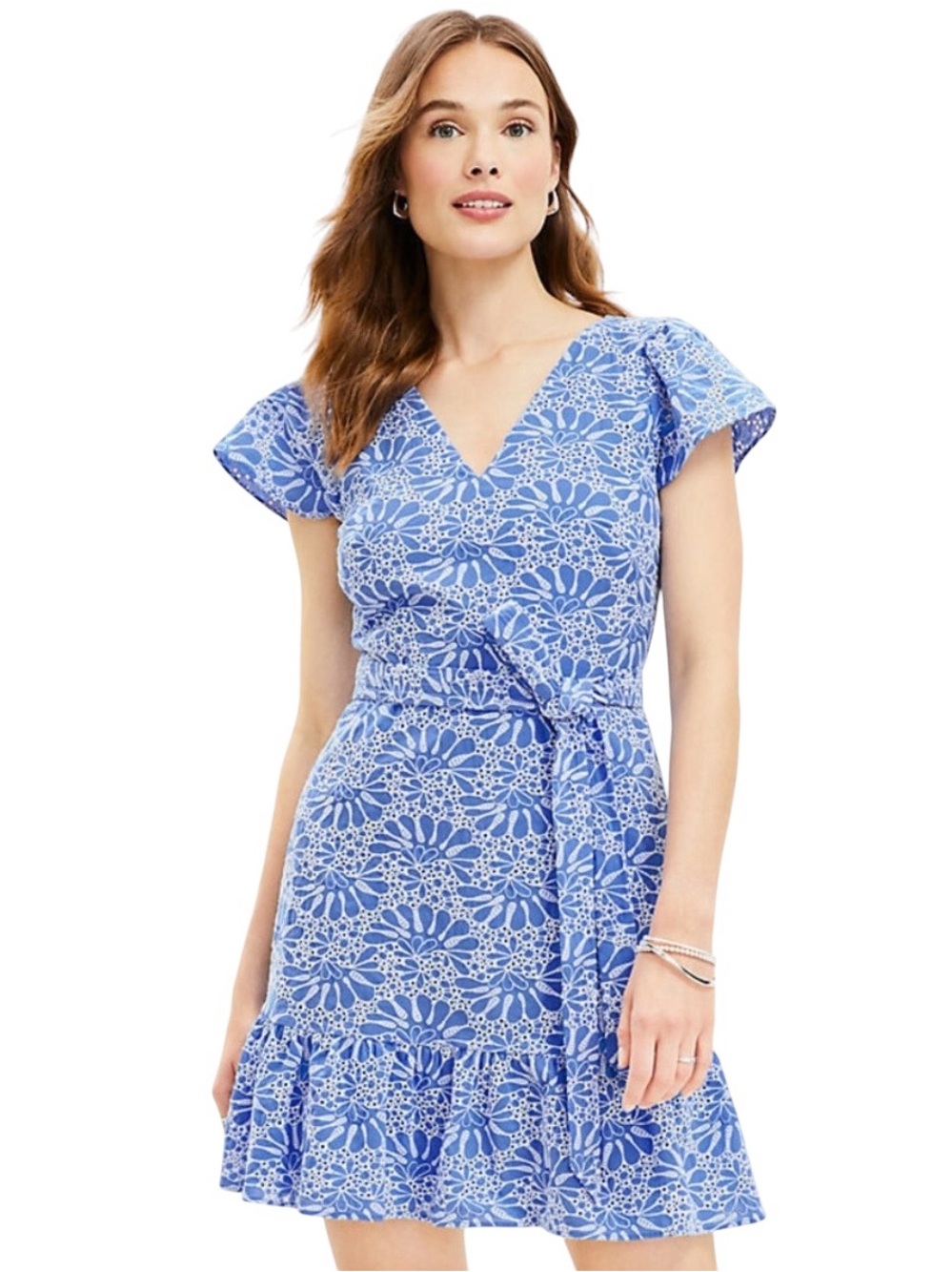 Loft Eyelet Belted Flutter Sleeve Swing Blue V-Neck Wrap Dress. Size 8.